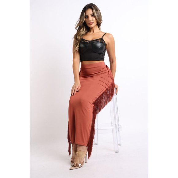 Women's Sexy Fringe Maxi Bodycon Midi Pencil Skirt High Waisted Tassels Side - Picture 5 of 12